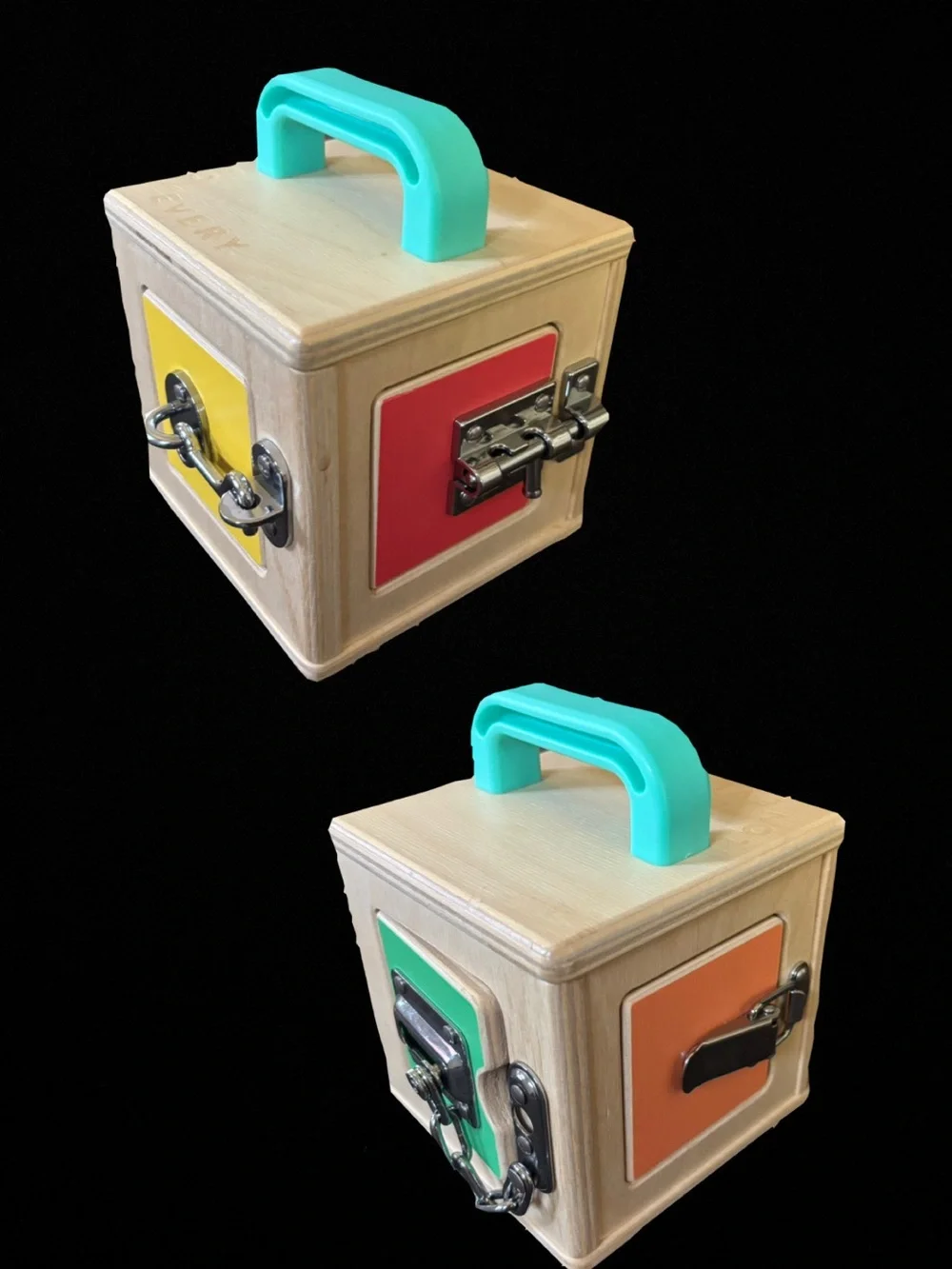 Wooden Busy Box with Teal Handle — Colors: Yellow, Red, Orange, Green